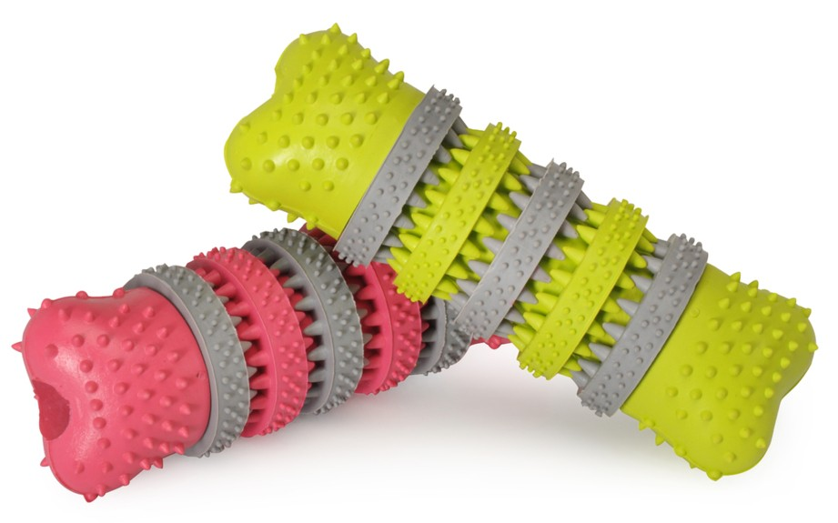 Camon Gummi Zahnhygiene Massageknochen mit Quieker-Soundeffekt 16cm grün oder pink