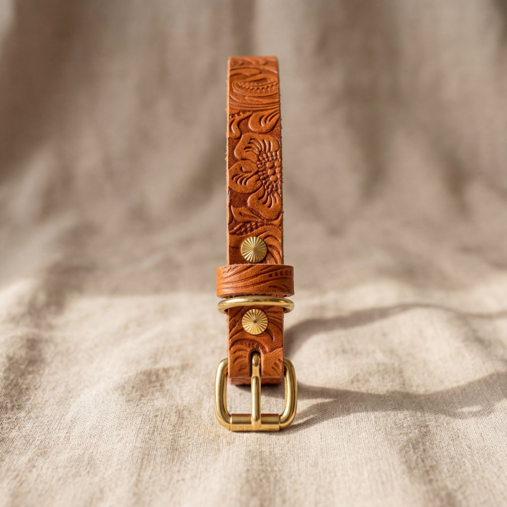 Doggy with Style Hundehalsband Leder mit Schnalle Floralis-schmal XXS Cognac