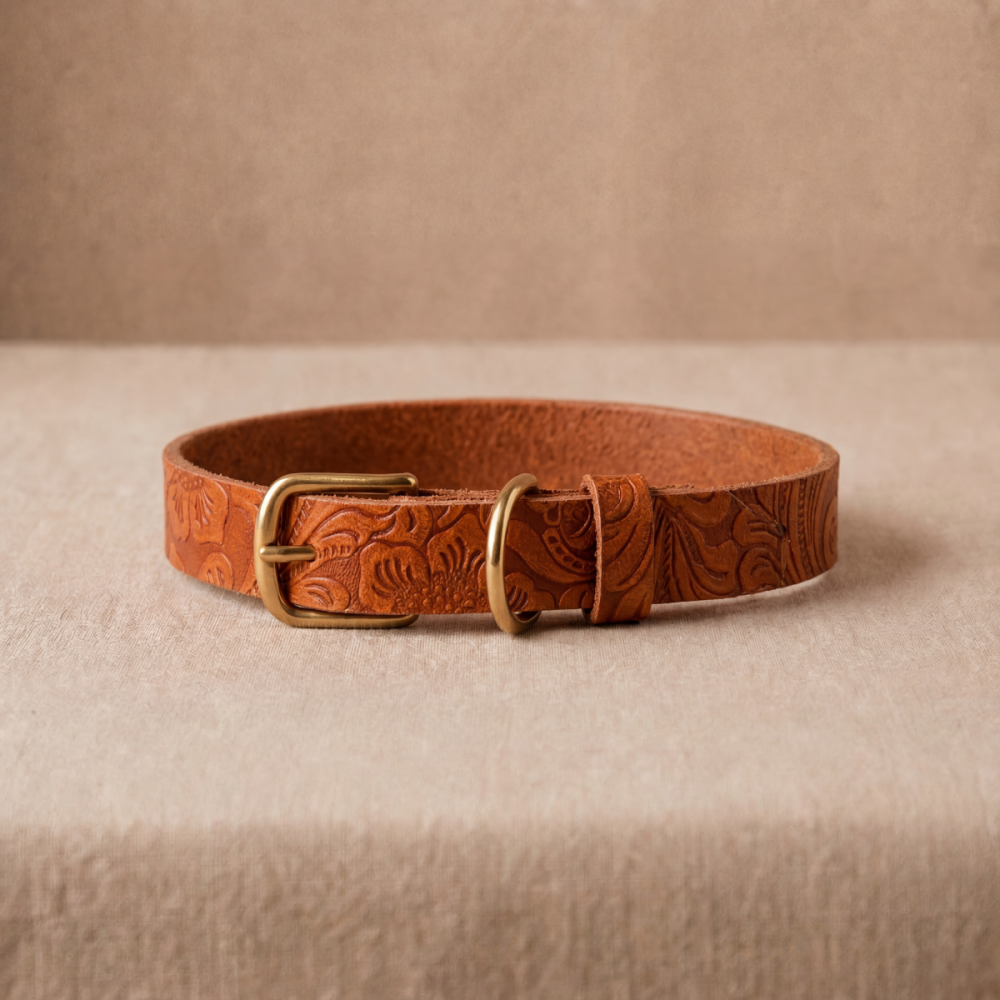 Doggy with Style Hundehalsband Leder mit Schnalle Floralis-schmal M Cognac