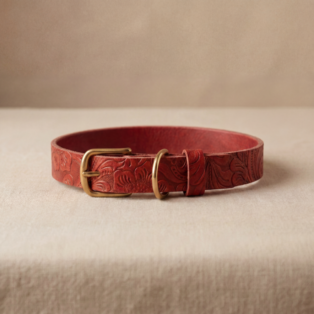 Doggy with Style Hundehalsband Leder mit Schnalle, Floralis-schmal, Rot